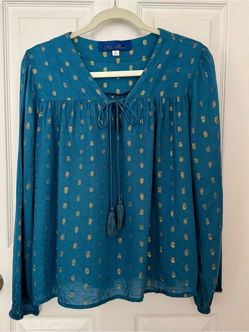 Blue Rain Teal Gold Metallic Dot Peasant Blouse Tassel Tie Boho Whimsigoth L